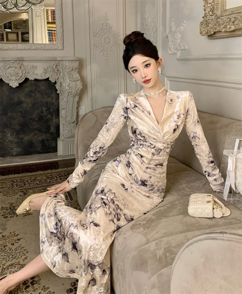 【dress】Vネックプリントワンピース G19641