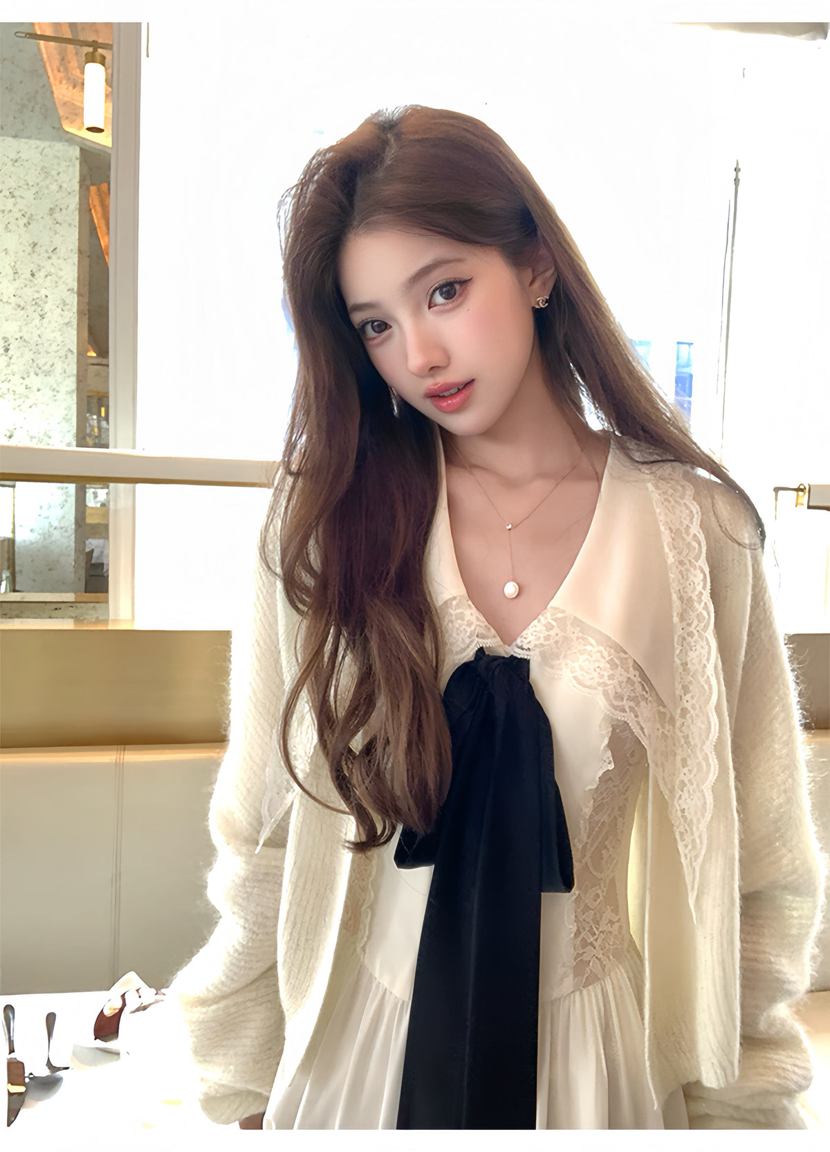 【dress】ビッグリボンレースドッキングロングワンピース　N3316