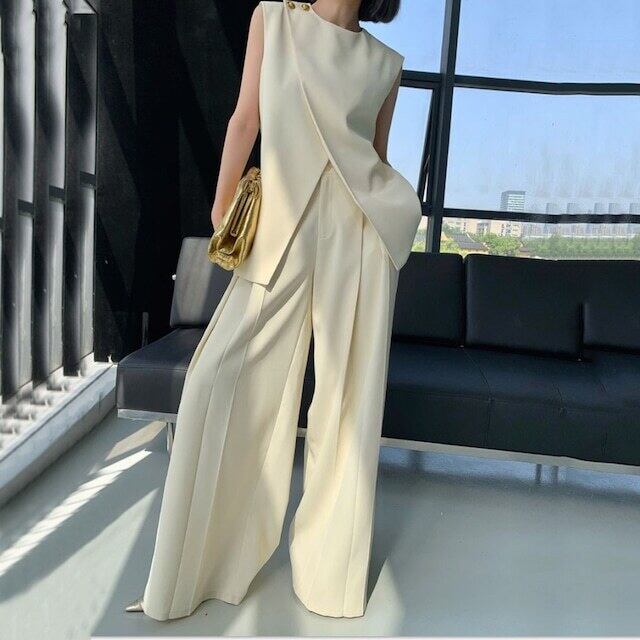 【set】ラウンドネックタンクトップ+ガウチョパンツセットアップF7318