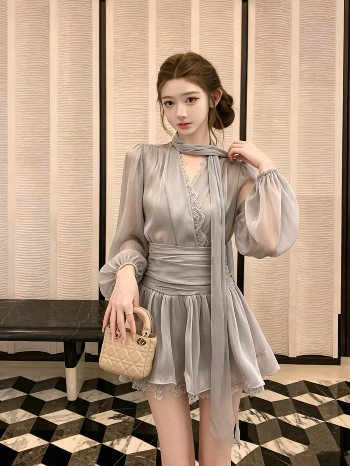 【set】レースドッキングブラウス×ミニスカートセット Q8898