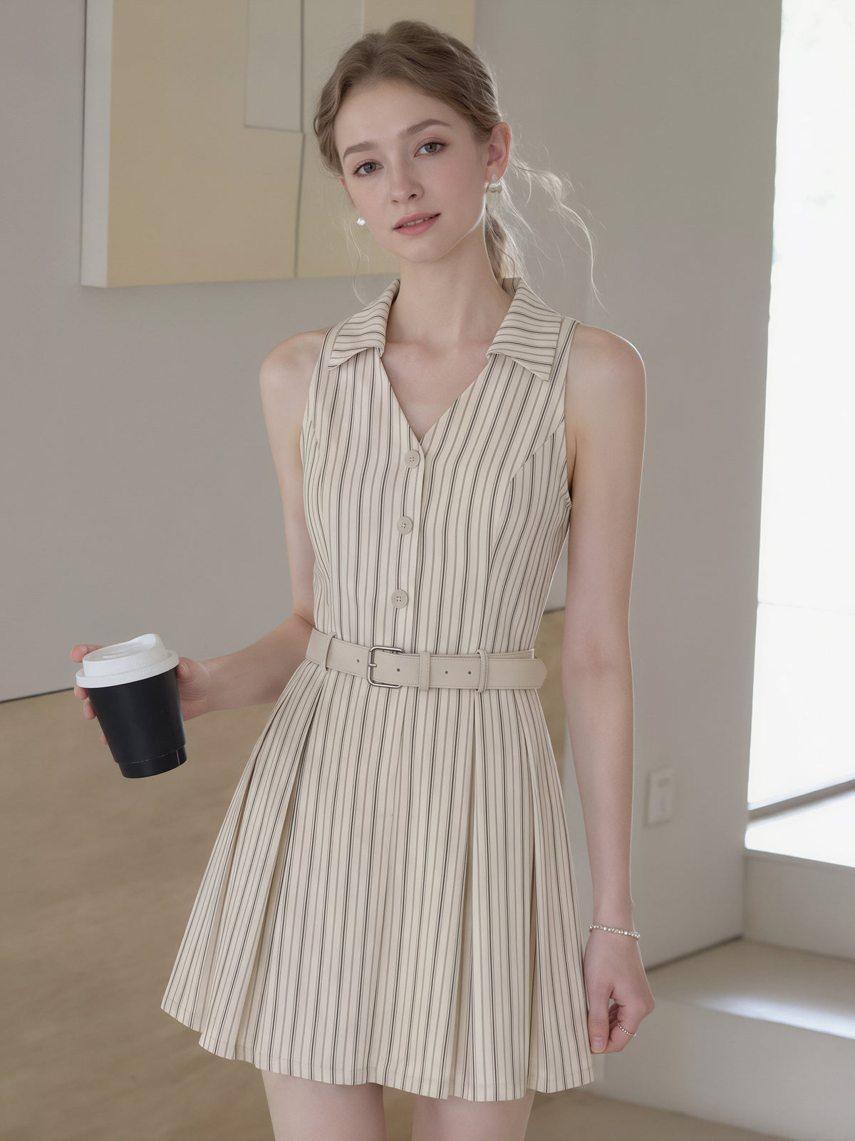 【dress】ノースリーブストライプ柄シャツワンピース Q8829