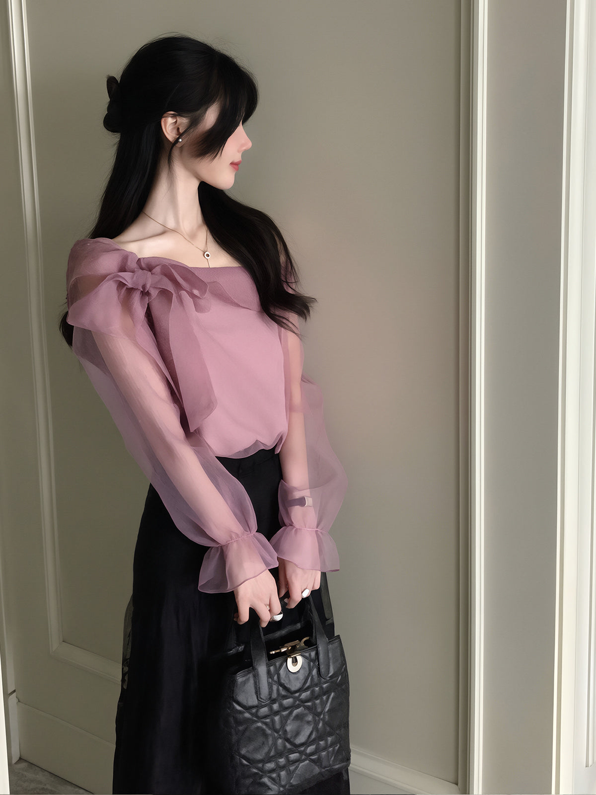 【tops】リボン付きオフショルダートップス Q8706
