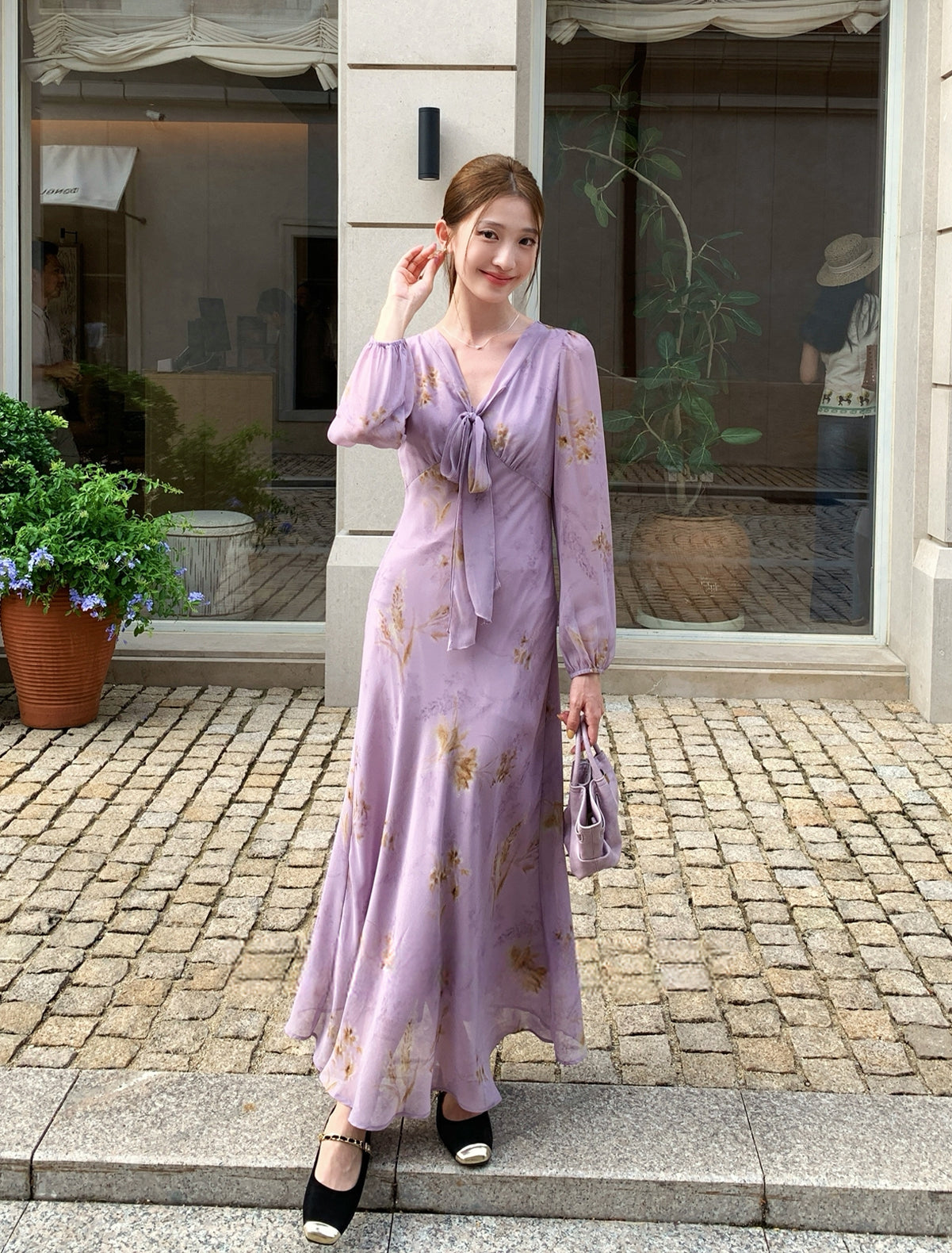 【dress】ボウタイフラワー柄ロングワンピース Q8919