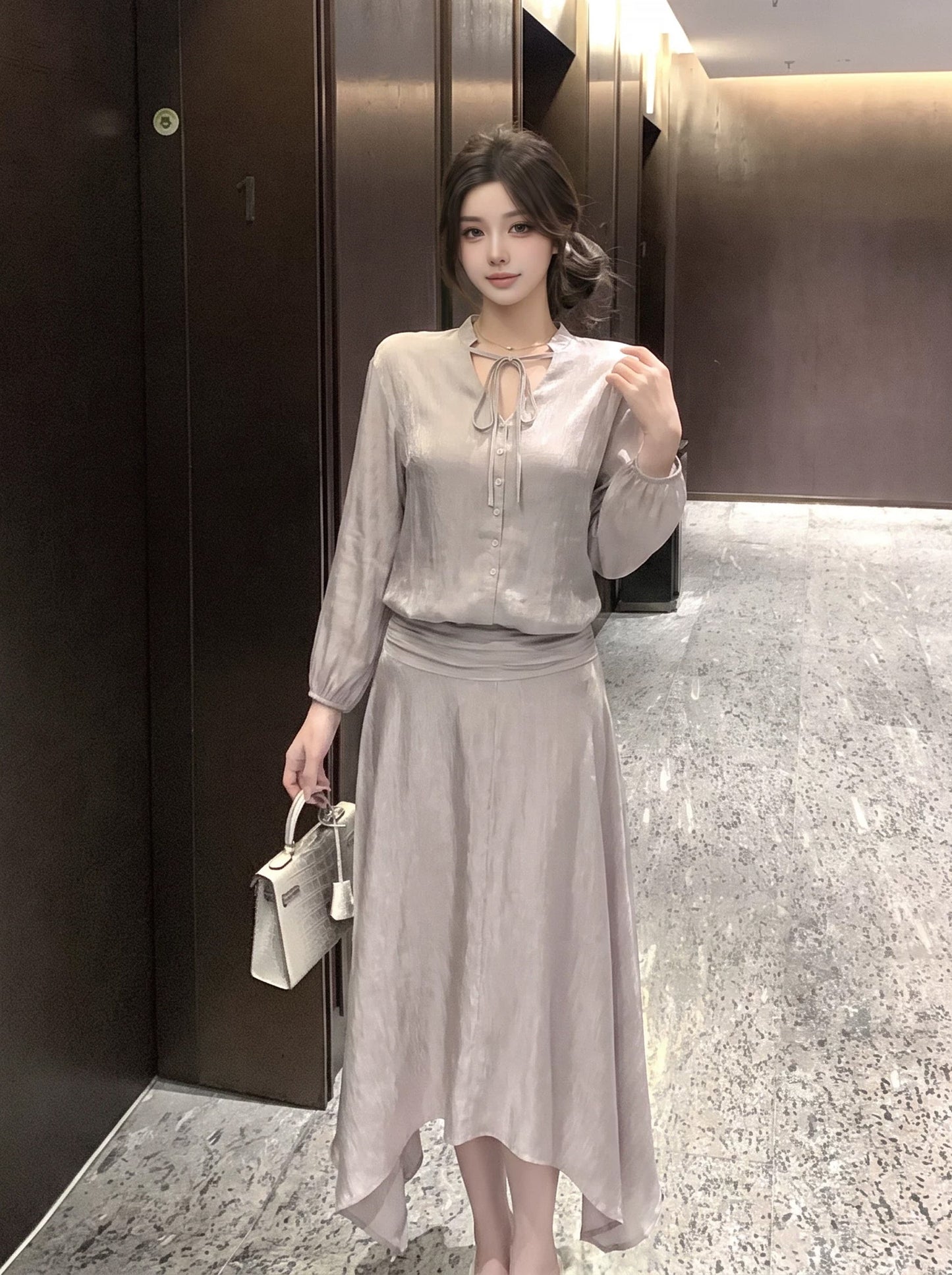【dress】七分袖リボン付きワンピース Q8917