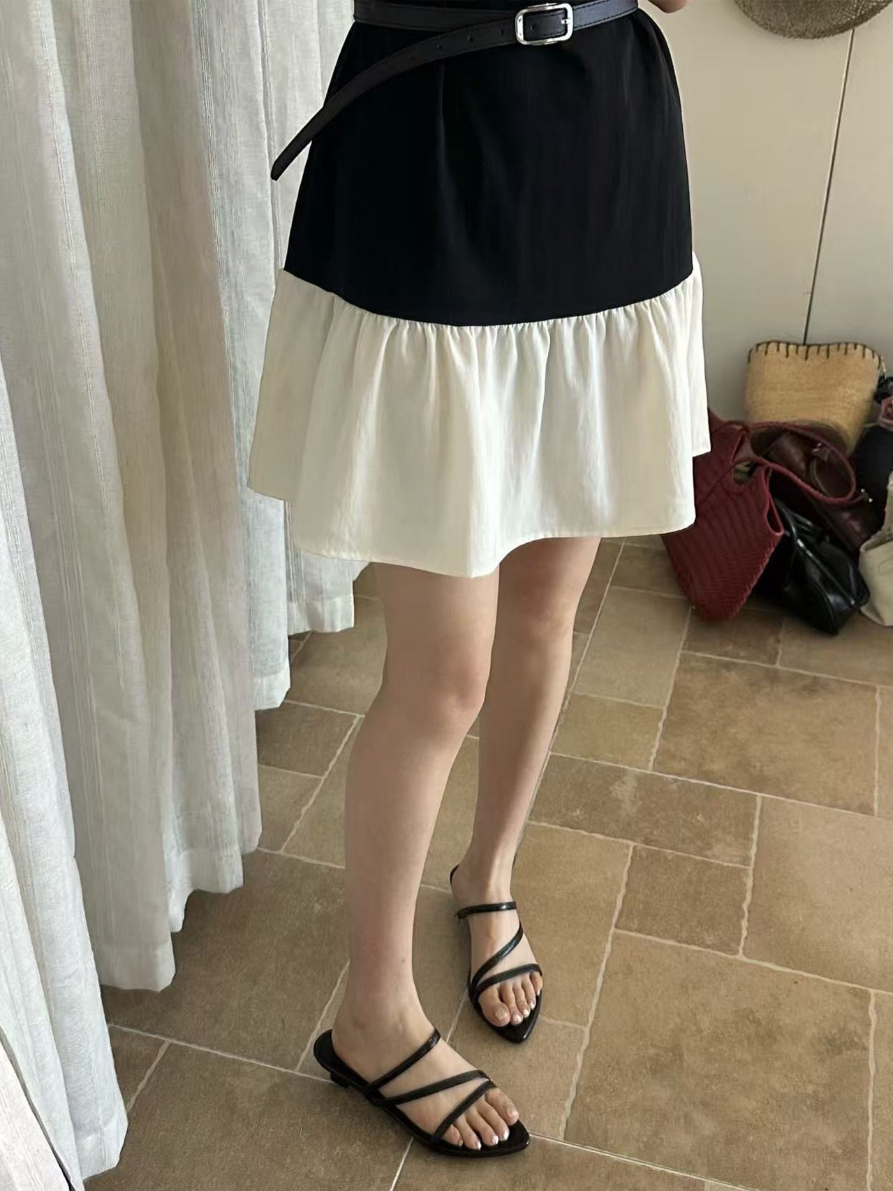 【dress】ノースリーブ襟付き配色ワンピース Q8712