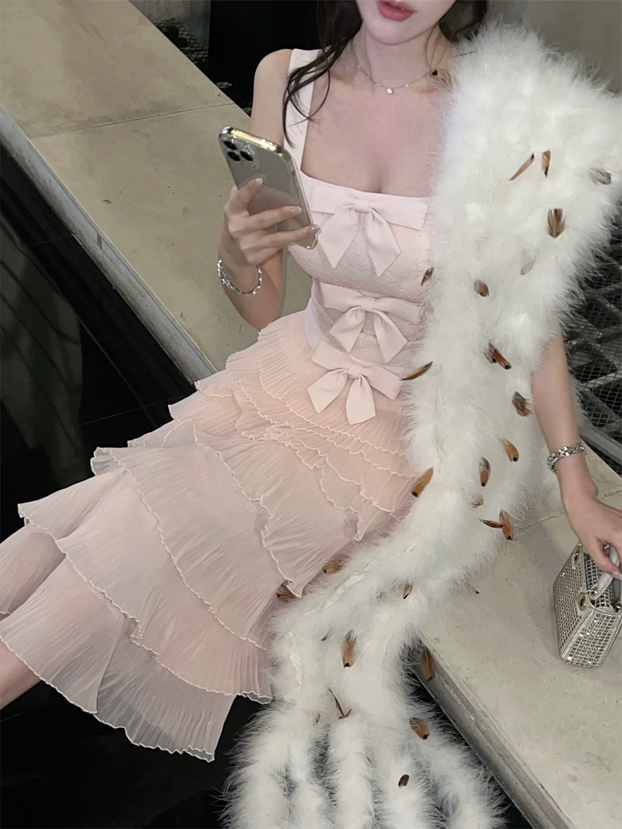 【dress】リボン付きティアードキャミワンピース Q7679
