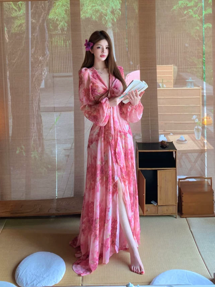 【dress】フラワー柄シフォンロングワンピース Q8619