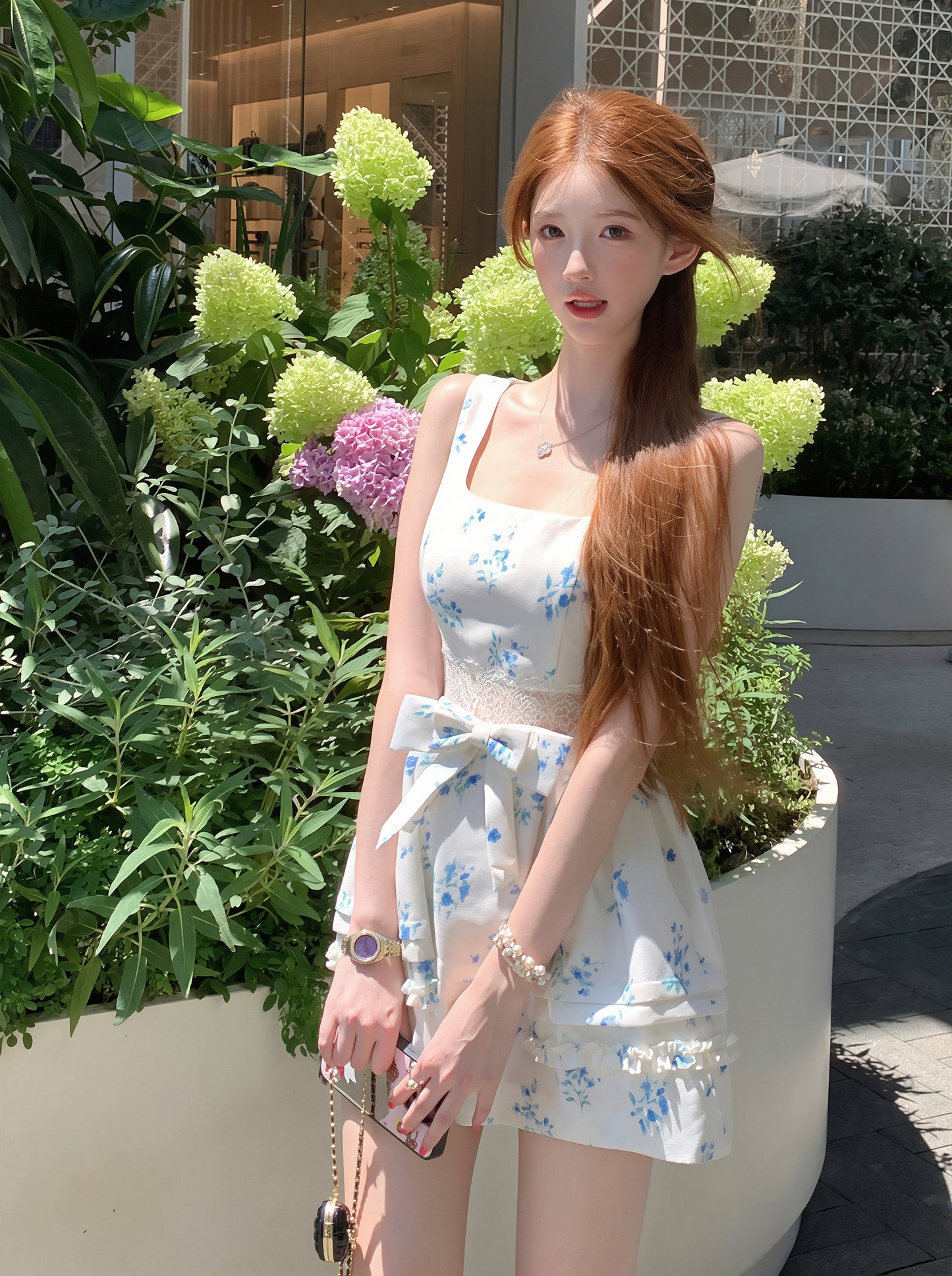 【dress】フラワー柄レースドッキングワンピース Q8757