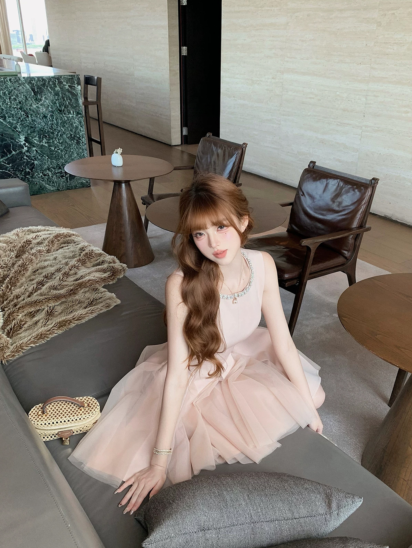 【dress】 ラインストーン付きノースリーブチュールドッキングフレアワンピース Q8881