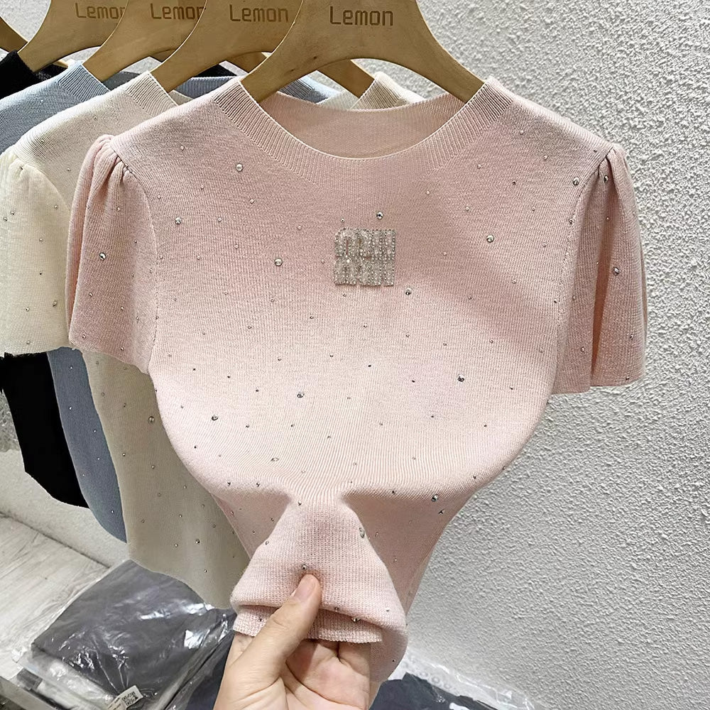 【tops】4色半袖ニットTシャツF7867