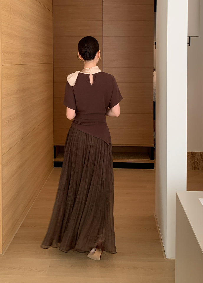 【tops】スカーフネック半袖ニットトップス Q8943