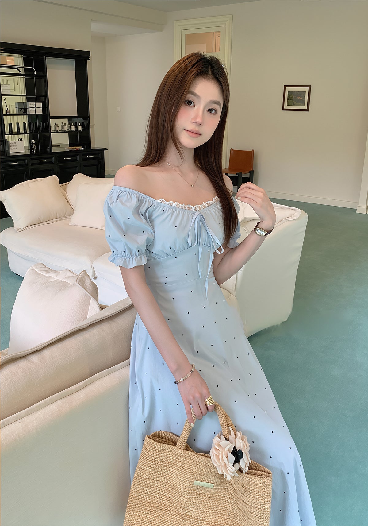 【dress】ドット柄レースドッキングロングワンピース Q8754