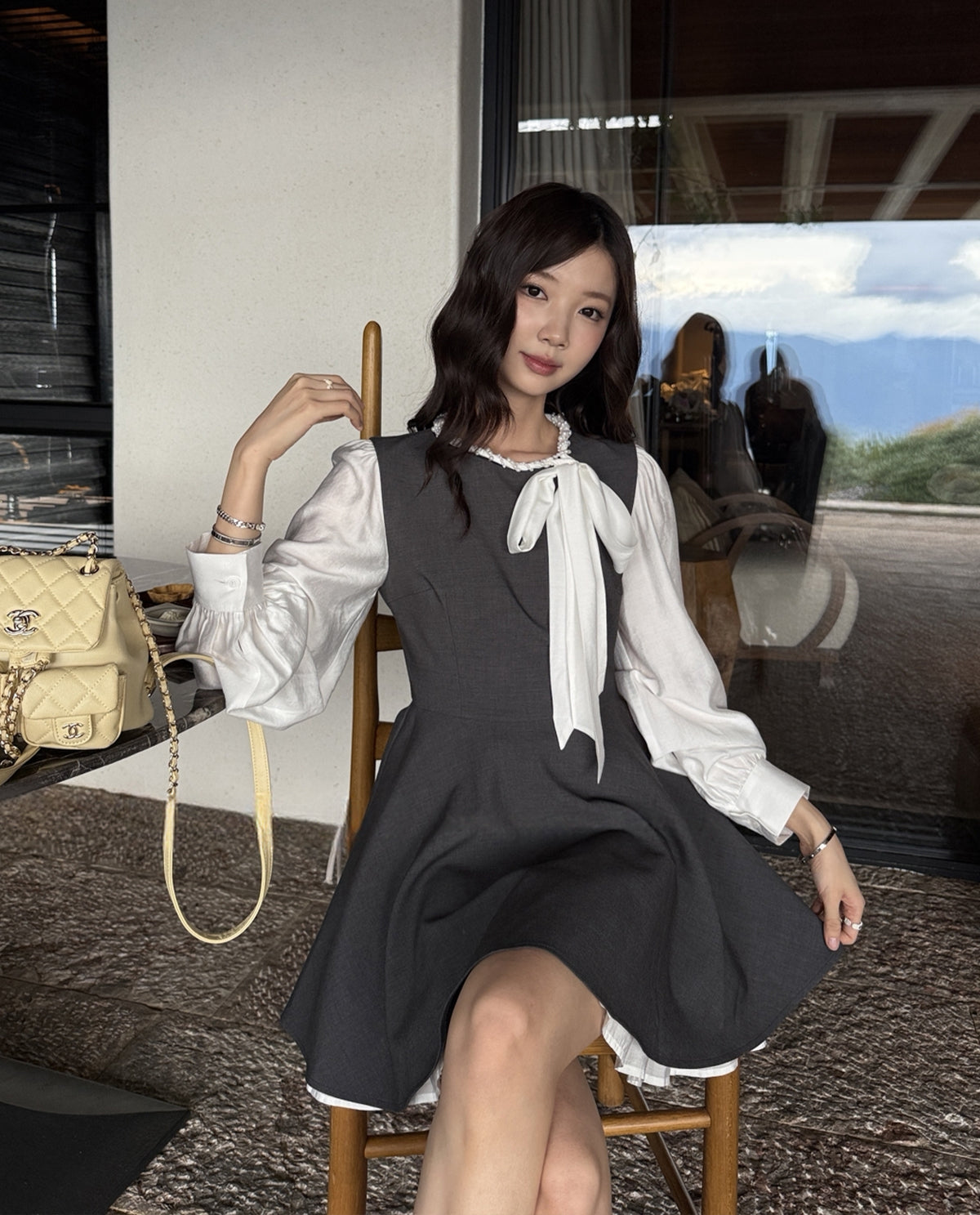 【dress】リボン付きフェイクレイヤードワンピース Q8928
