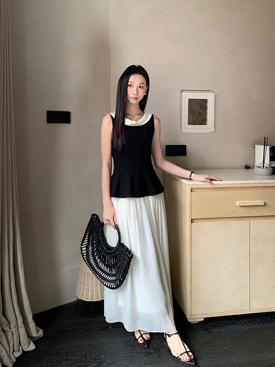 【dress】ノースリーブ配色ロングワンピース Q8749