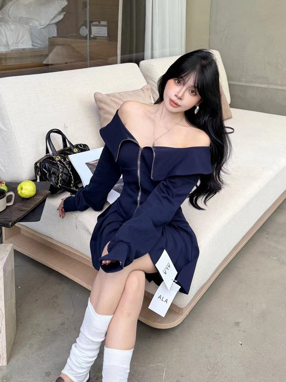 【dress】オフショルダーパーカーワンピース Q9030