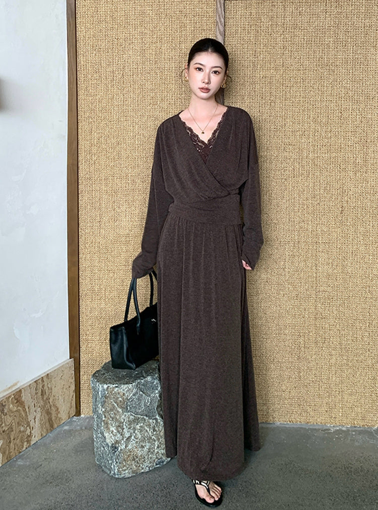 【set】レースドッキングトップス×ロングスカートセット Q8927