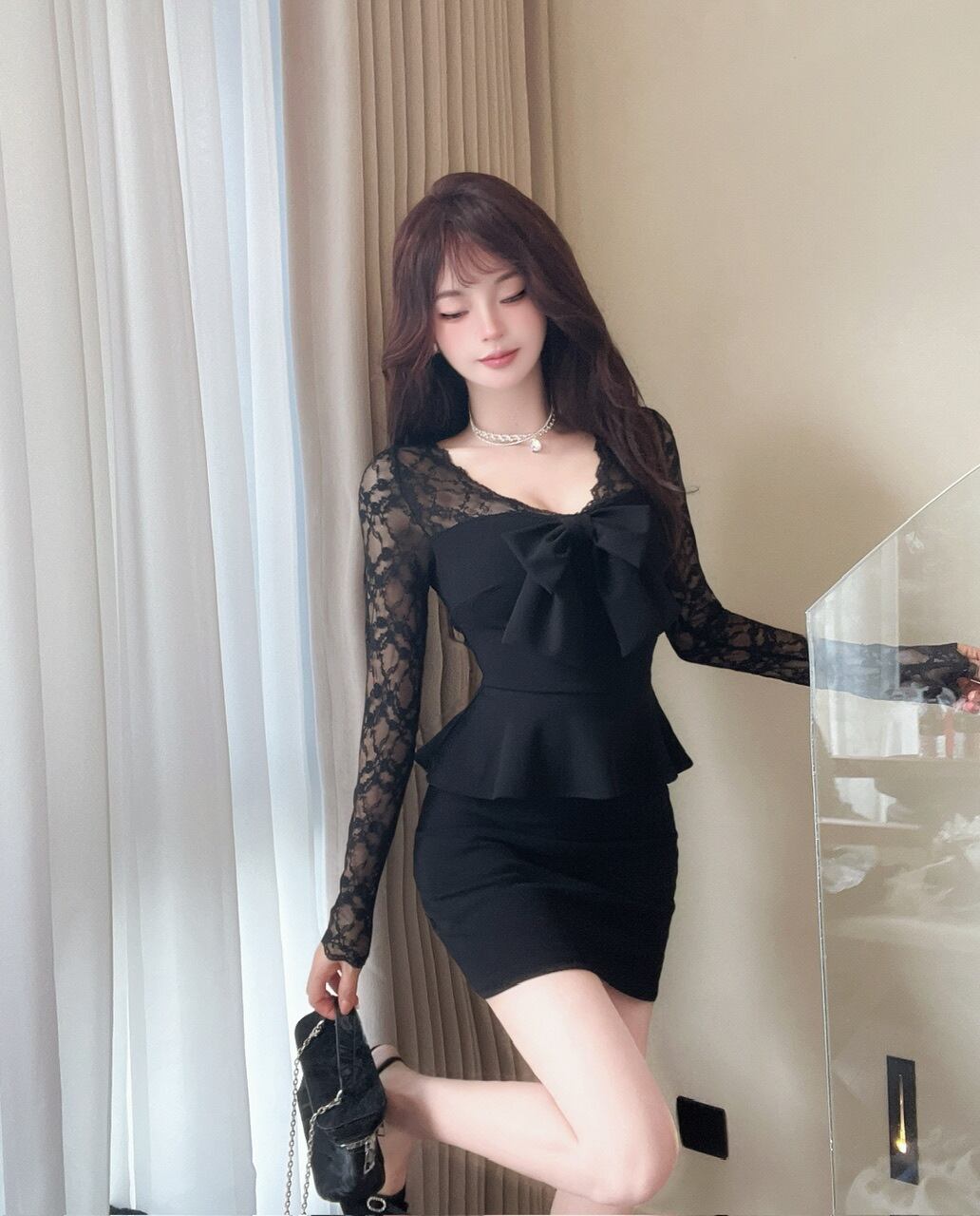 【dress】レース切り替えリボン付きワンピース　M27379