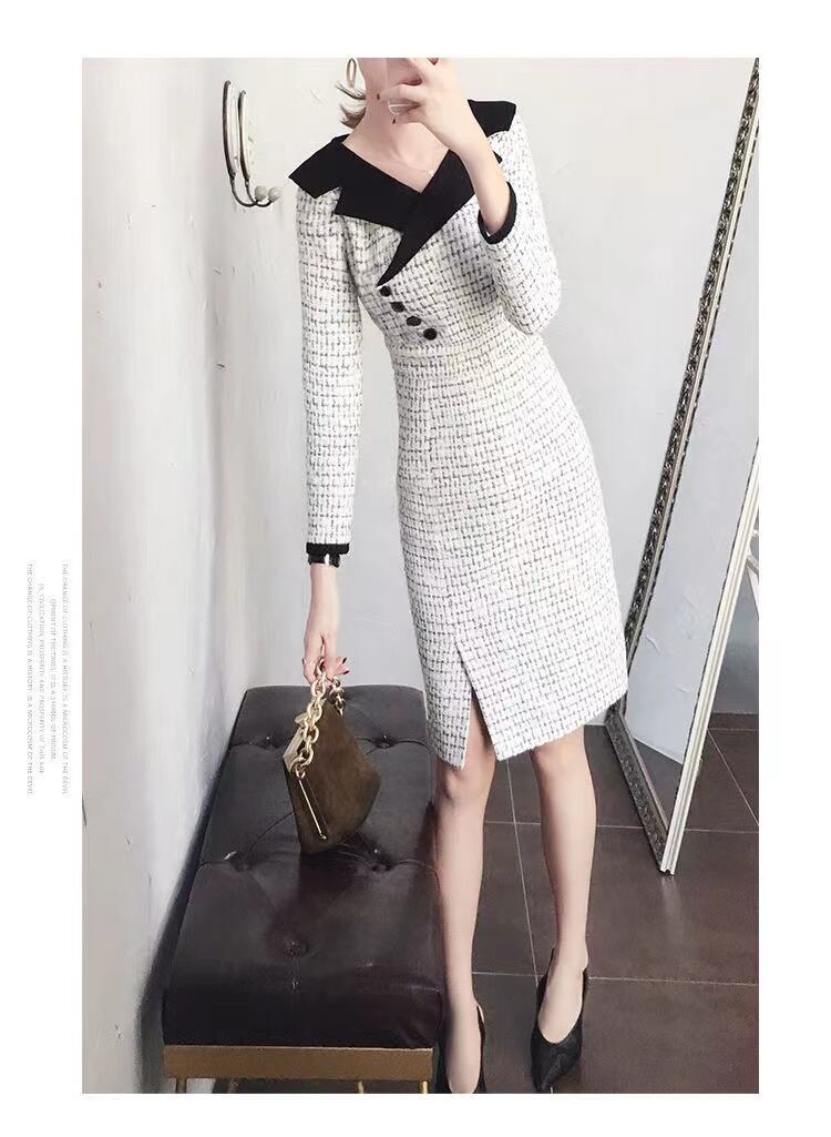 【dress】気質溢れる♪韓国風ラペル長袖スリットチェック柄体型カバー配色タイトフォーマルワンピースF1407