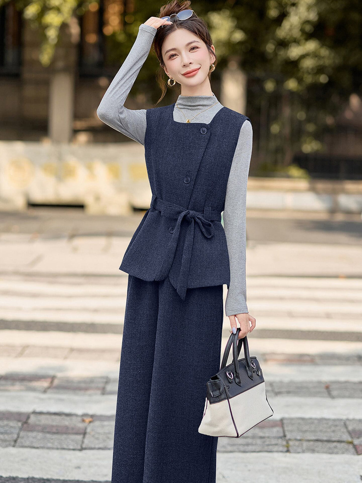 【set】ベスト×ハイネックトップス×ワイドパンツ3点セット Q6976