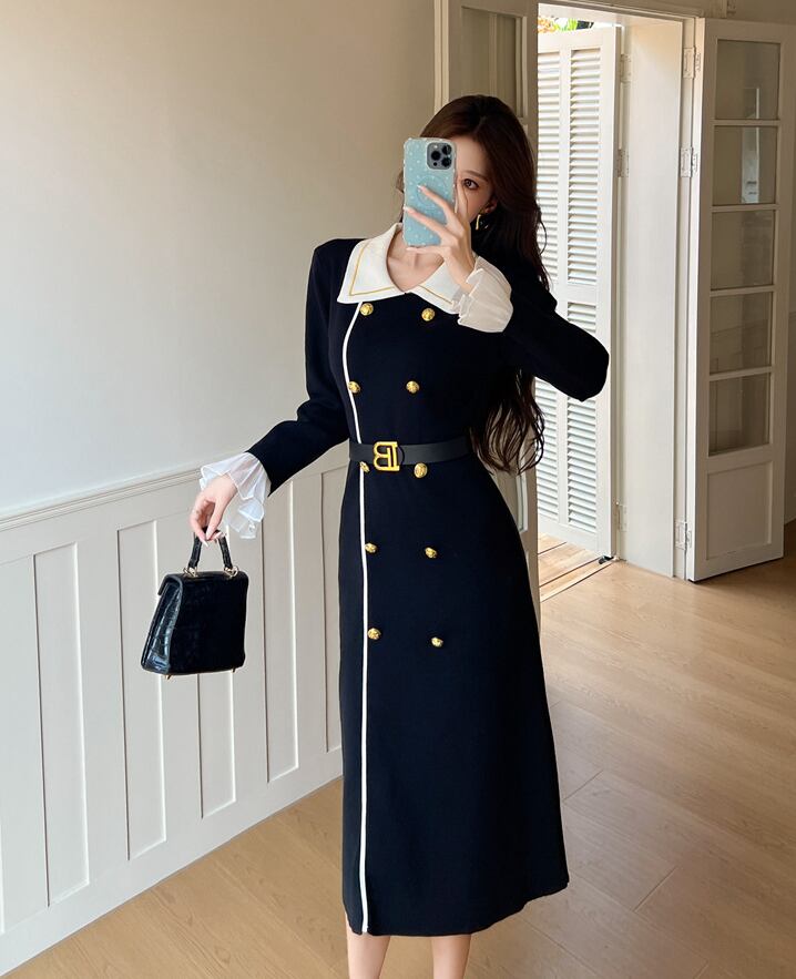 【dress】レースドッキングニットワンピース Q7584
