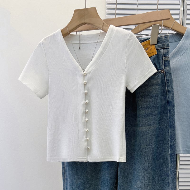 【tops】パールボタンVネックTシャツG21041