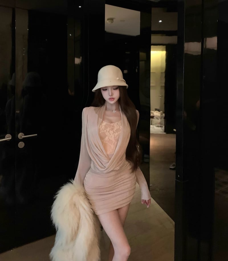 【dress】レースドッキングドレープドネックタイトワンピース Q7546