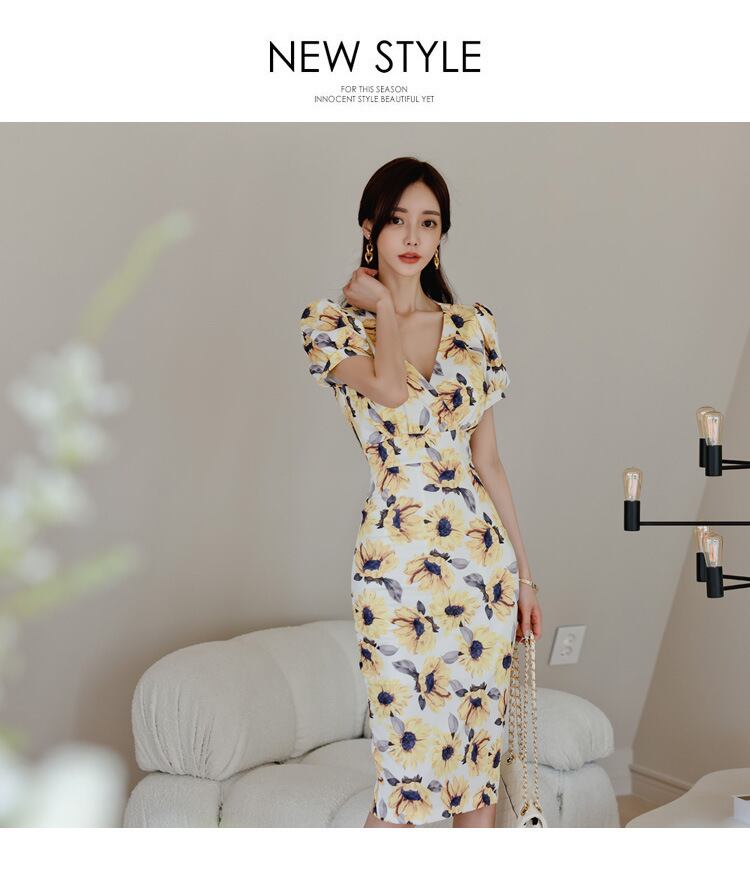 【dress】Vネック花柄パフスリーブワンピース G21005