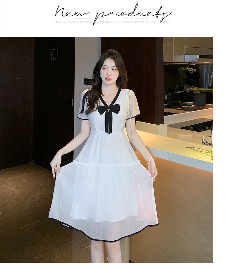 【dress】Vネックリボンシフォンワンピース G20932