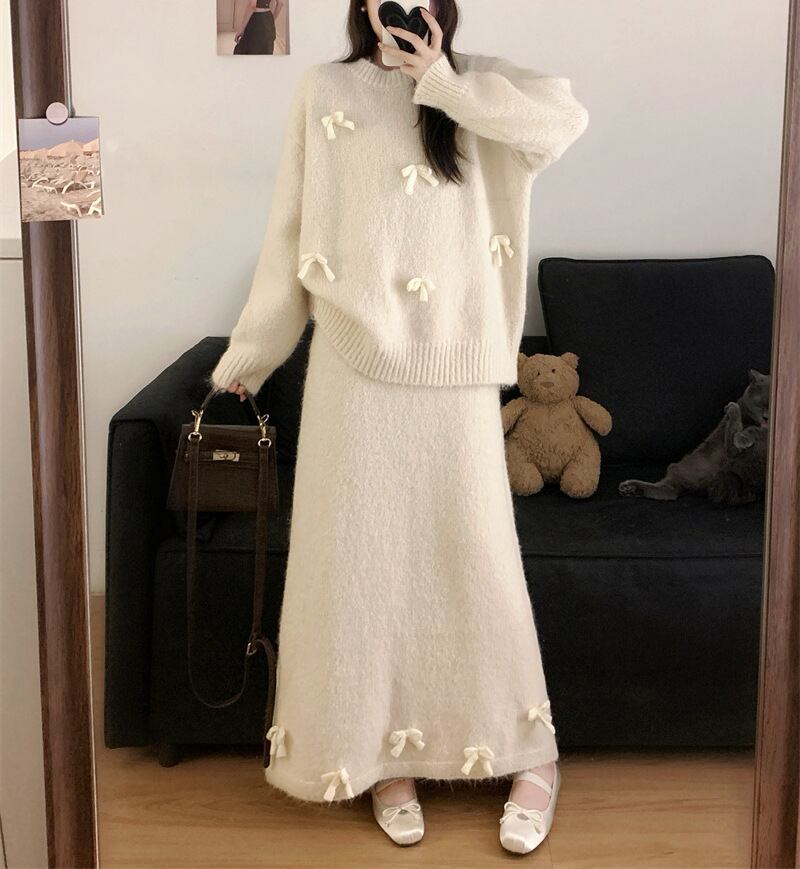 【set】リボン付きニットトップス×ロングスカートセット Q7677