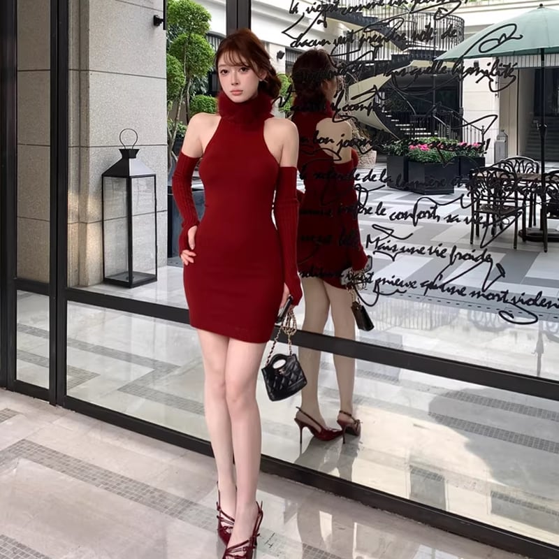 【dress】ネックウォーマーとアームウォーマ付きノースリーブニットワンピース Q7814