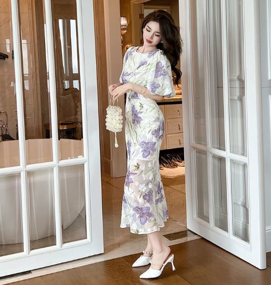 【dress】オシャレ度満点〜OL通勤夏新作ラウンドネック半袖パフ袖花柄配色ワンピースF5441