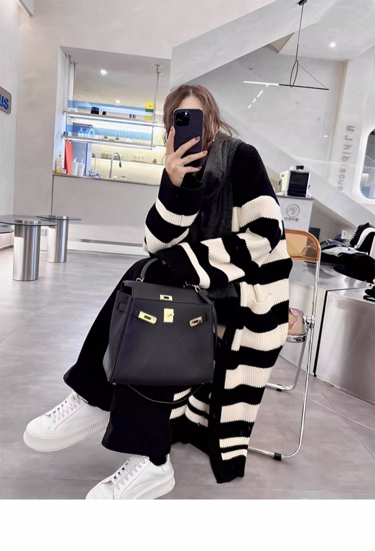 【outer】ボーダー柄ロング丈ニットカーデ　M25902