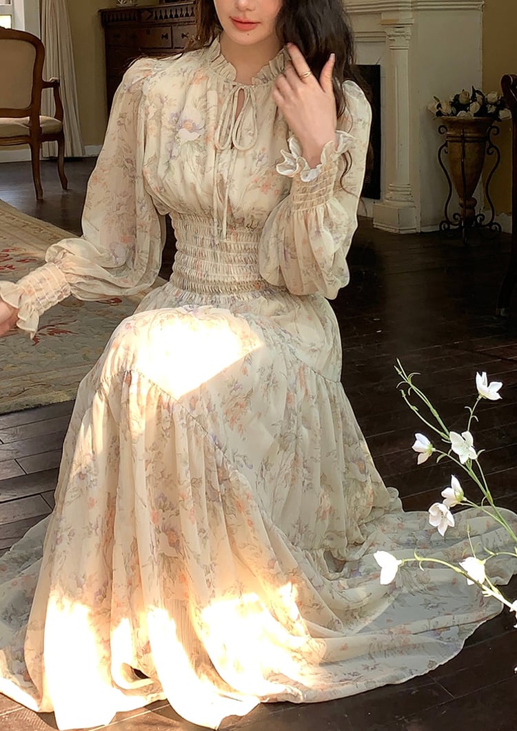 【dress】フラワー柄シフォンAラインロングワンピース Q7978