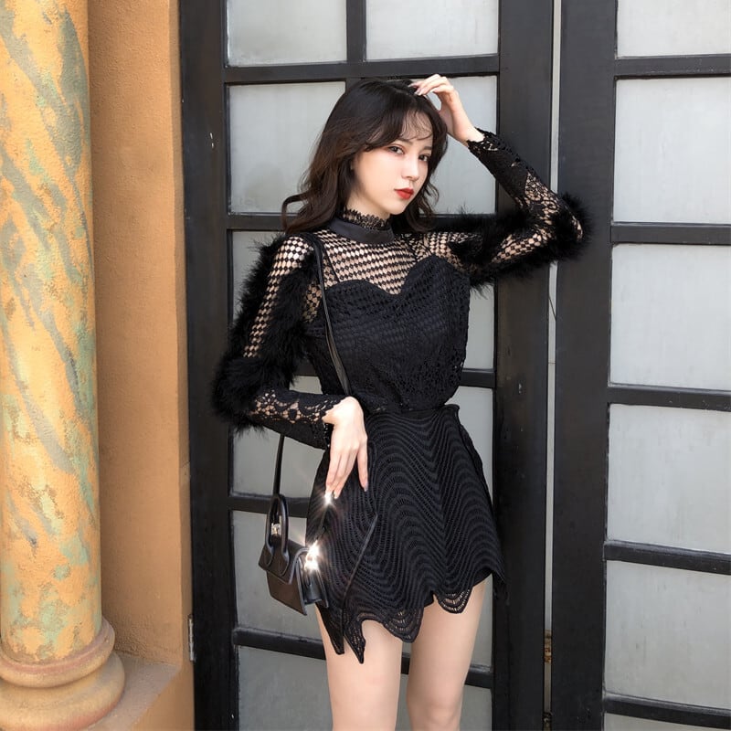 【set】カットワークレーストップス×キュロットスカートセット    N2720