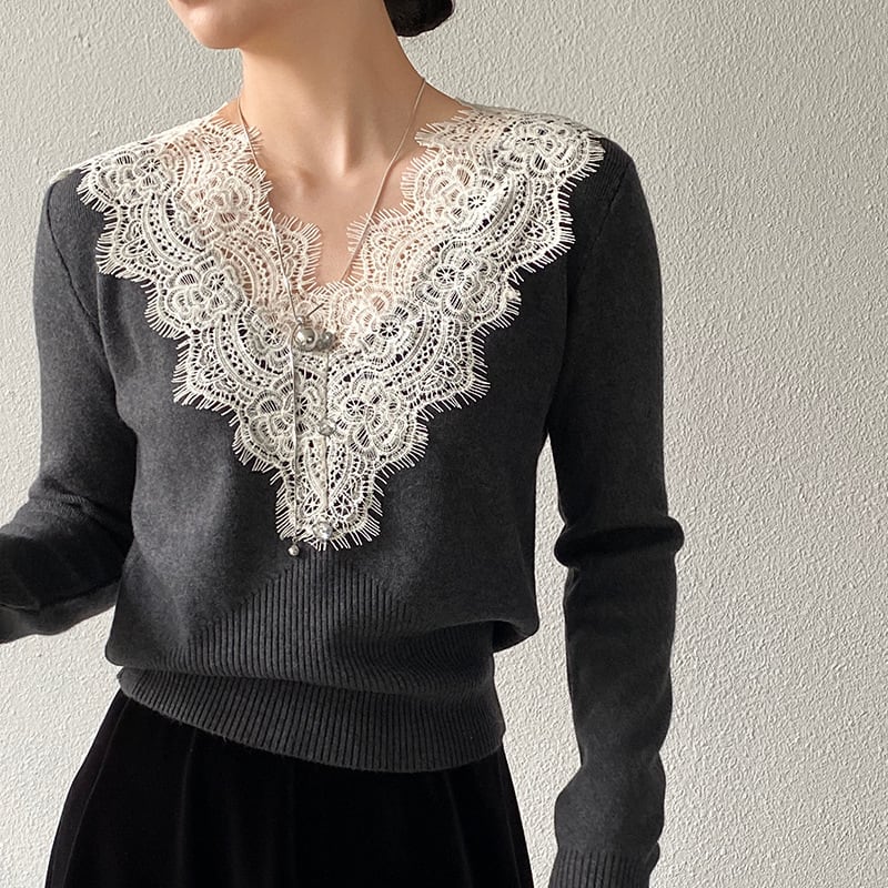【tops】Vネックレースドッキングニットトップス Q7241
