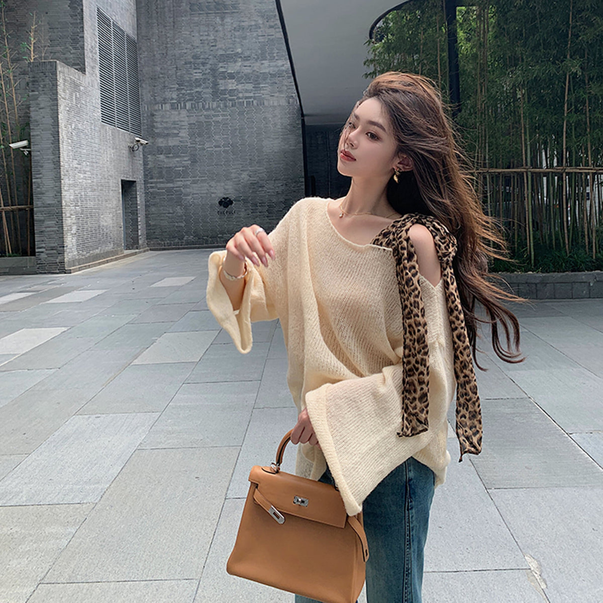 【tops】ヒョウ柄ショルダーリボンニットトップス　N3333