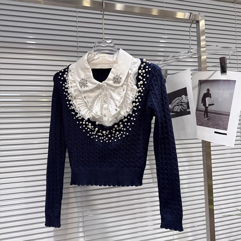 【tops】パール付きフェイクレイヤードニットトップス Q7998