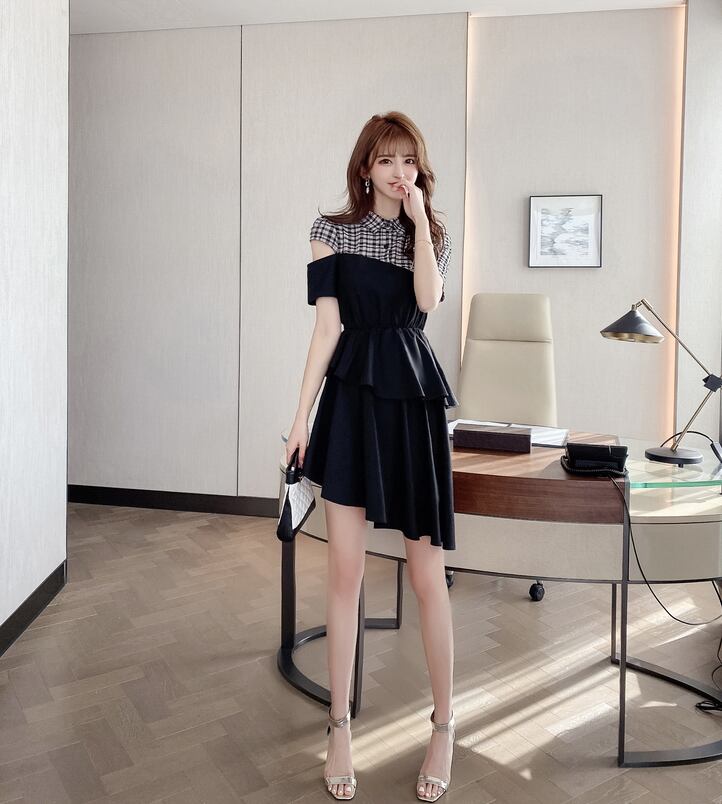 【dress】高級感!気質満点OL通勤POLOネック切り替えチェック柄ワンピースF0033