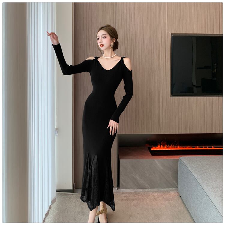 【dress】レースドッキングニットワンピース　M28023