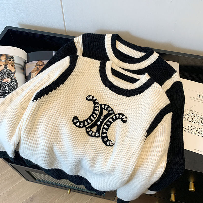 【tops】ラウンドネック長袖ニットセーターF8239