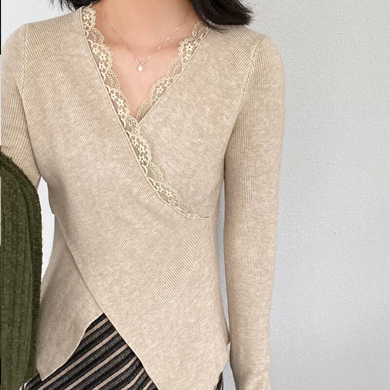 【tops】レース付きクロスニットトップス Q7238