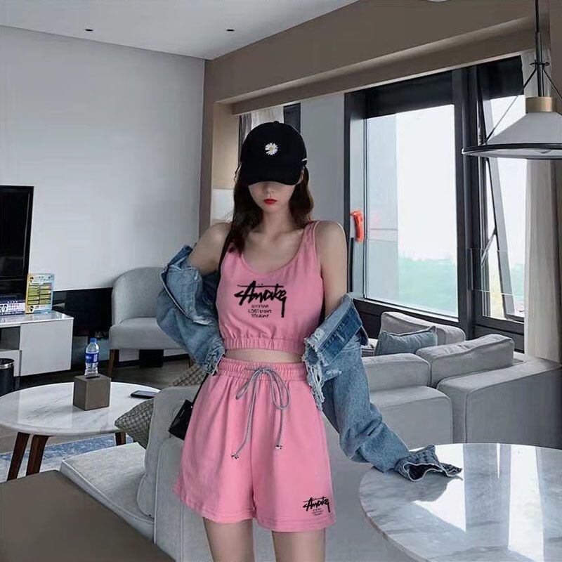 【set】英字柄配色タンクトップ+ショートパンツ2点セットF7337