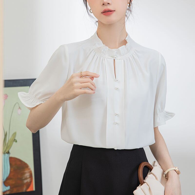 【tops】フリルスタンドネックOL通勤ブラウスG21076