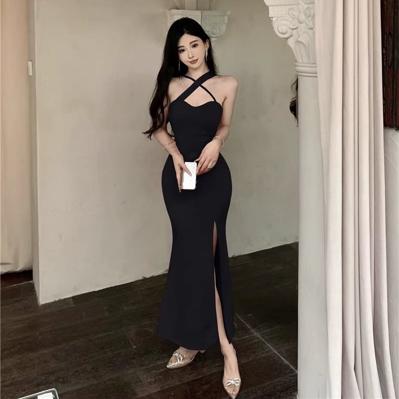 【dress】スリットクロスネックワンピース Q8339