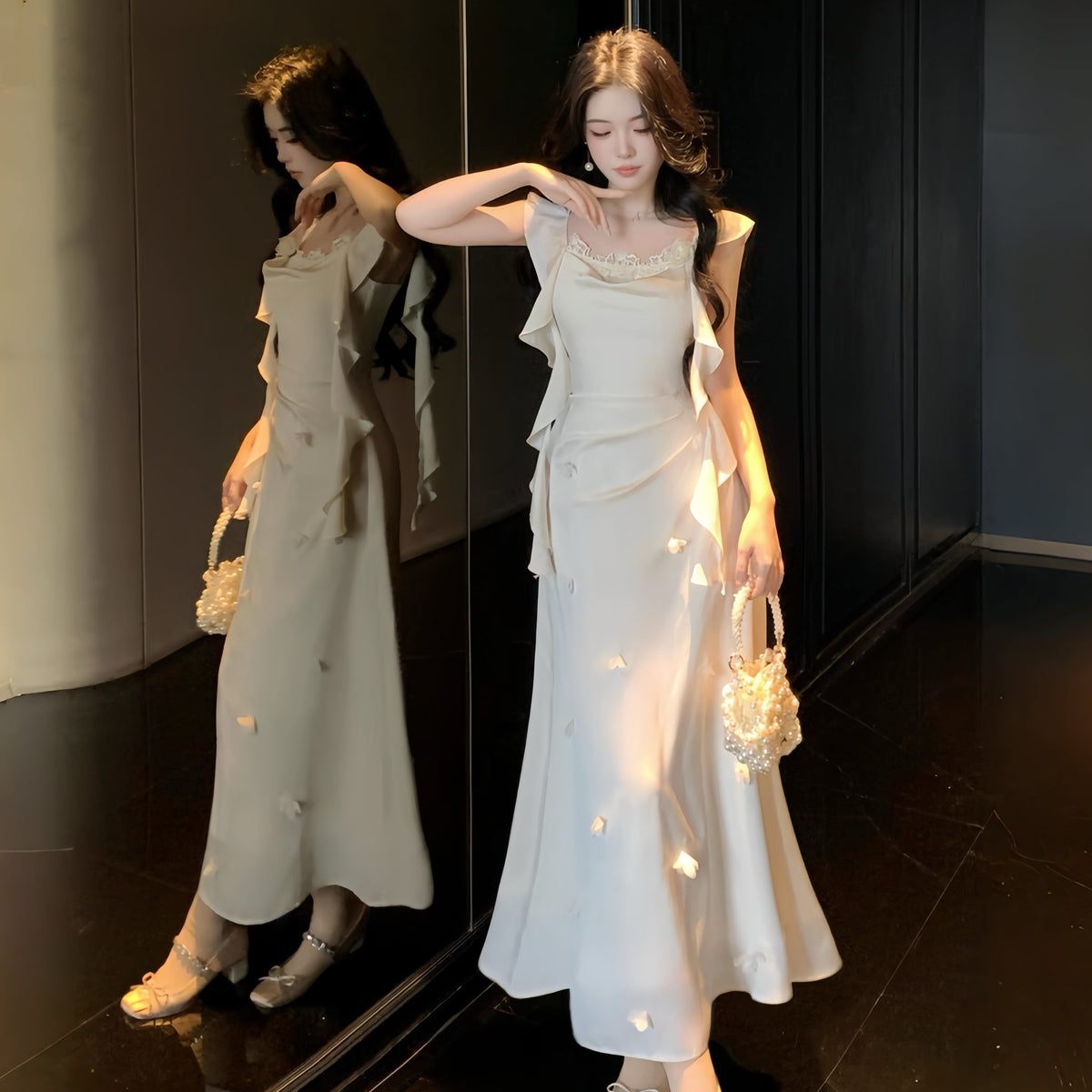 【dress】フリルマーメイドロングワンピース Q8407