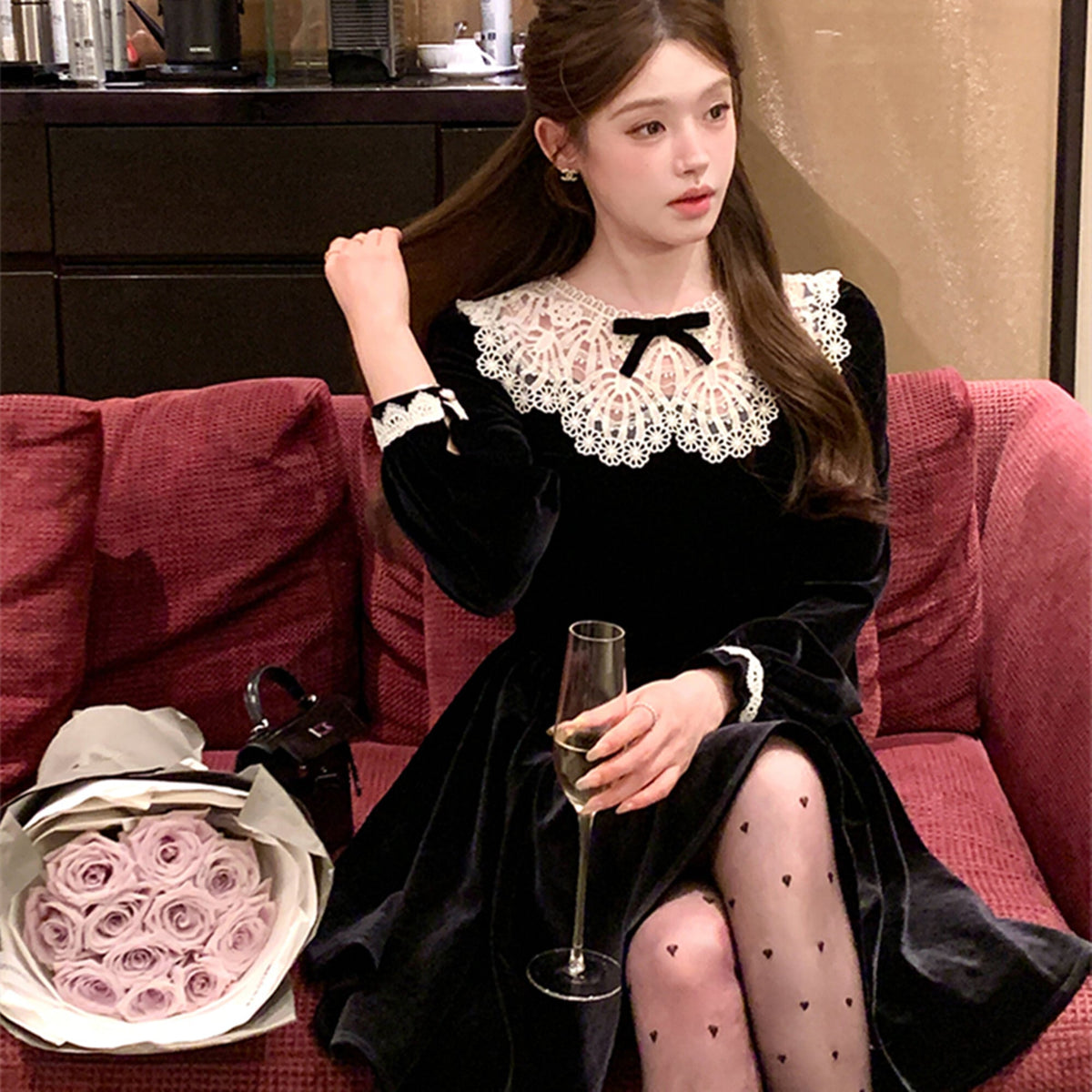【dress】レースドッキングベロアワンピース　N3415