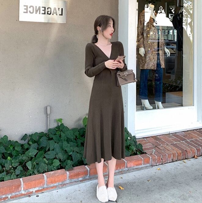 【dress】好感度UP!気質満点エレガントVネック知的着痩せニットワンピース G2291
