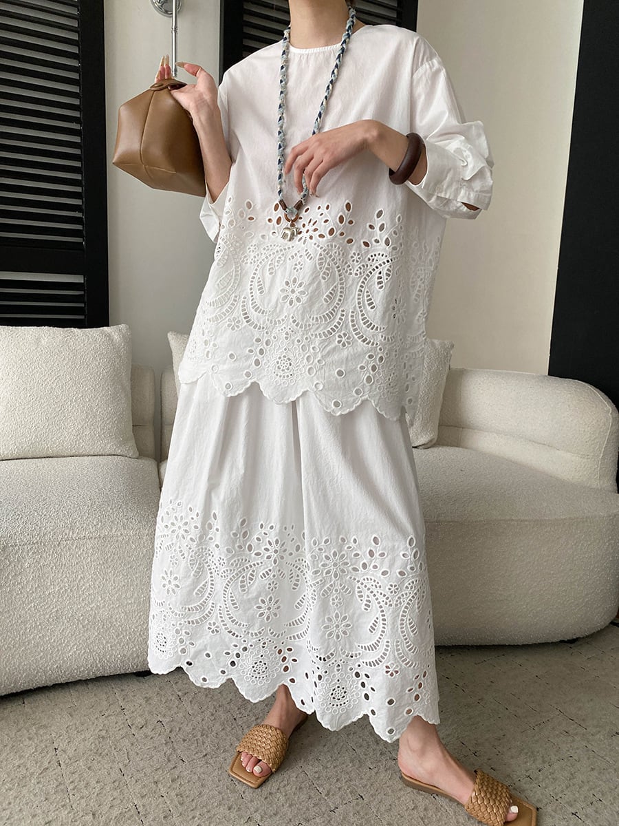 【set】アイレットレーストップス×ロングスカートセット Q8399