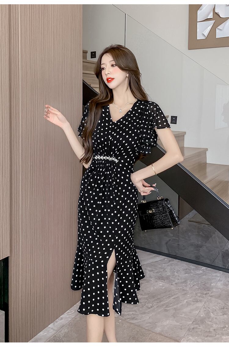 【dress】フランス風体型カバードット柄スリットワンピース G15210