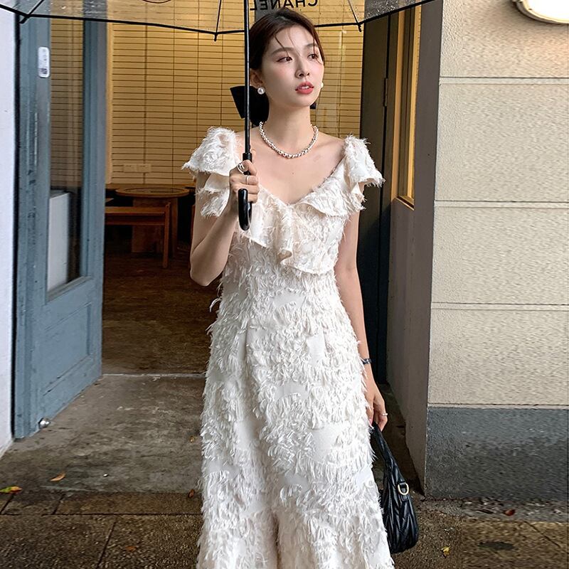 【dress】Vネックフリンジワンピース G20071